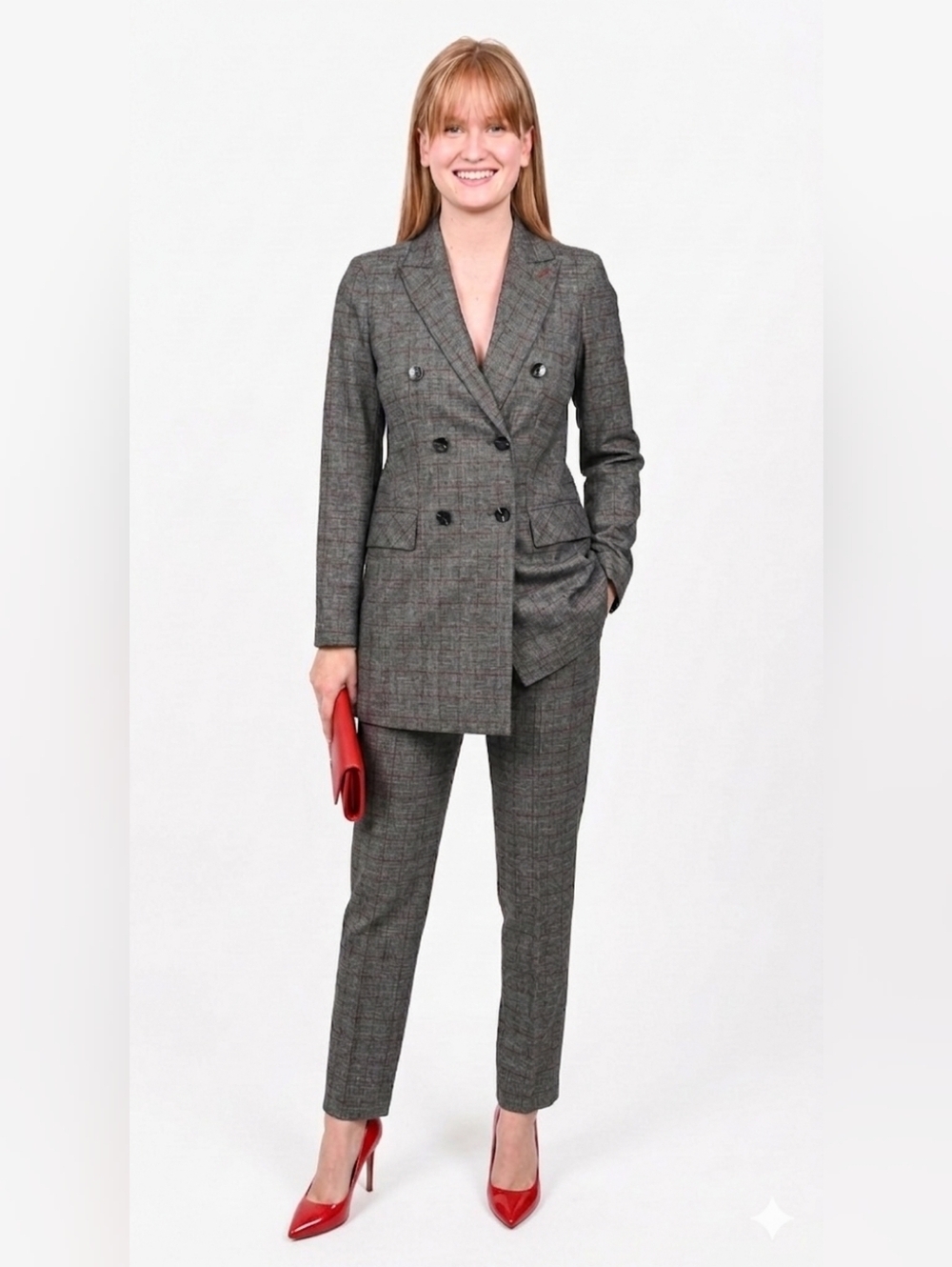 Soia & Kyo Double-Breasted Plaid Blazer size xs Gray Red